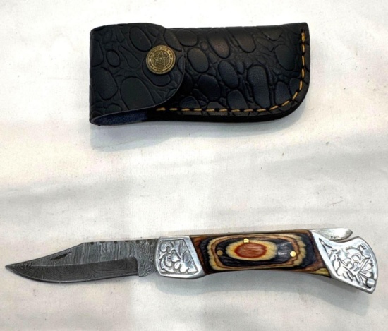 Custom Handmade Damascus Knife with Leather Scabbard
