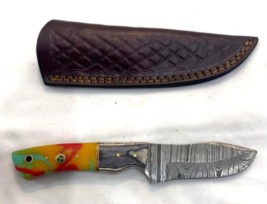 Custom Handmade Damascus Knife with Leather Scabbard