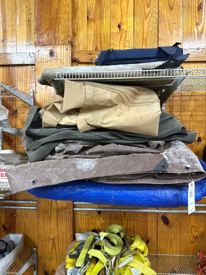 Lot of Misc. Contents of Entire Shelf: Canvas and Poly Tarps, Pneumatic Wheels, etc.