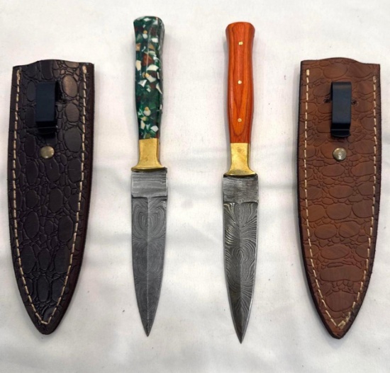 2 Custom Handmade Damascus Knives with Leather Scabbards