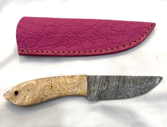 Custom Handmade Damascus Knife with Leather Scabbard