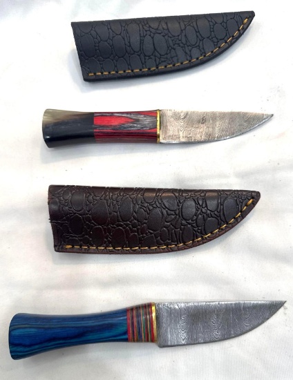 2 Custom Handmade Damascus Knives with Leather Scabbards
