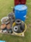 Pallet of Misc. Rubber Tires, 55 gallon Plastic Drum, Rims, Tow Hitch, etc.