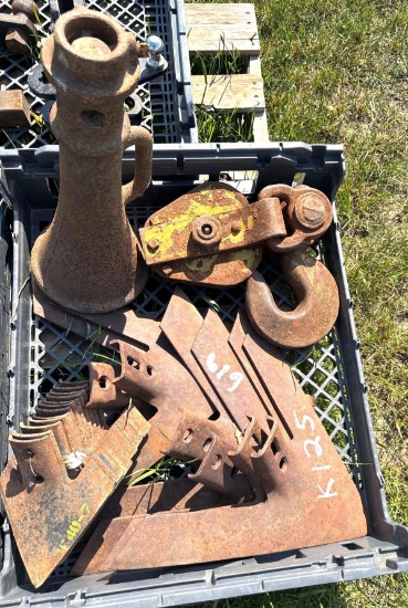 Crate of Misc. Snatch Blocks, Antique Jacks, and Plow Sweeps
