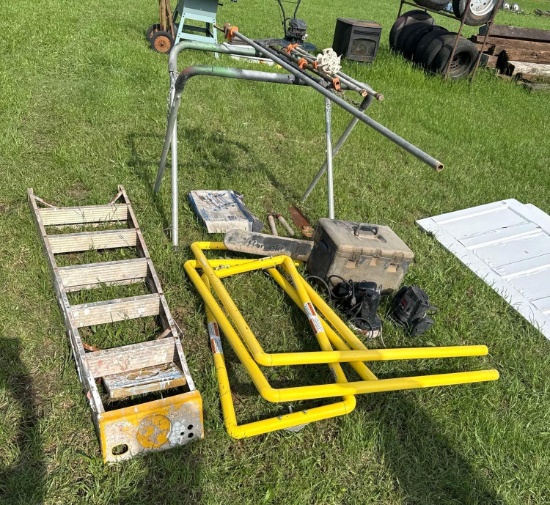 Lot of Misc. Safety Rails, Chainsaw, Bar Clamps, Ladder, etc.