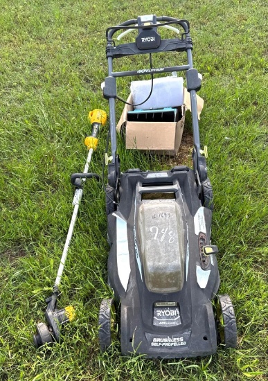 Battery Operated DeWalt Weed Eater, Ryobi Lawn Mower, and Snow Sweeper