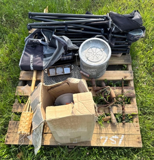 Pallet of Misc. Lawn Chairs, Tiki Torches, Minnow Bucket, Antique Tools