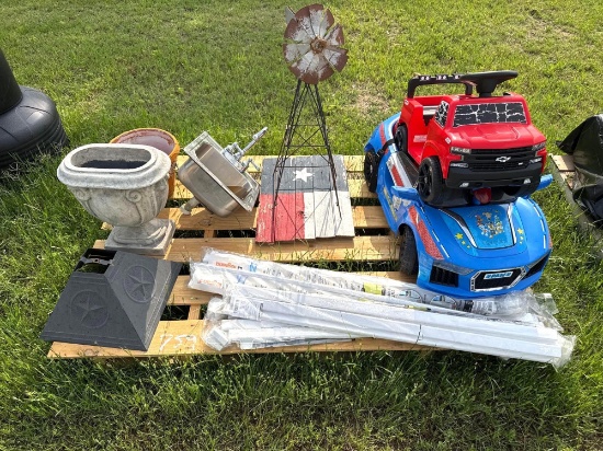 Pallet of Misc. Toy Cars, Lampshades, Stainless Steel Sink, Windmill, etc.