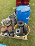 Pallet of Misc. Rubber Tires, 55 gallon Plastic Drum, Rims, Tow Hitch, etc.