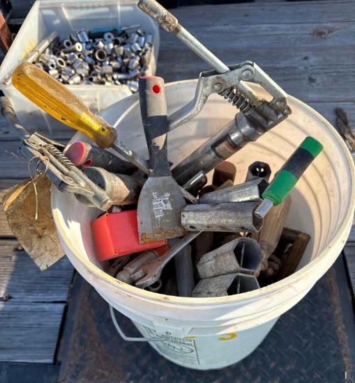 Bucket of Misc. Tools: Grease Guns, Screwdrivers, Sockets, etc.