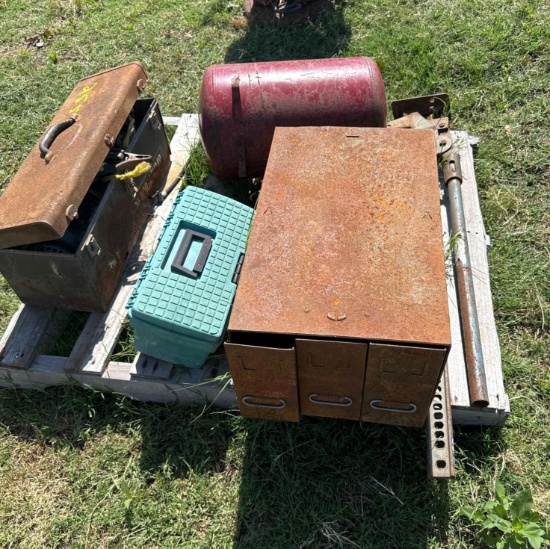 Pallet of Misc. Toolboxes, Air Tank, etc.