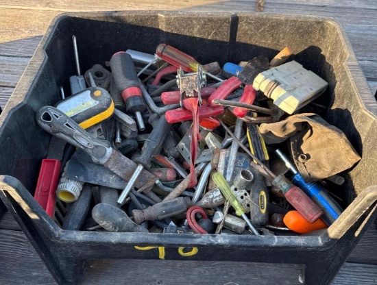 Tote of Misc. Tools: Wire Strippers, Screwdrivers, Sockets, etc.