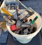 Bucket of Misc. Tools: Grease Guns, Screwdrivers, Sockets, etc.