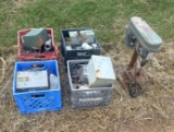 Lot of 4 Crates of Electrical Parts and Small Drill Press