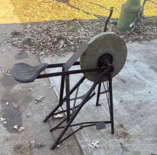 Vintage Pedal-Powered Grindstone Grinder with Seat