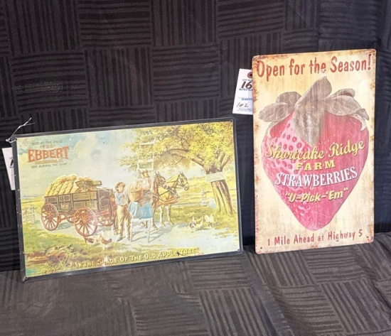 Lot of 2 Vintage Advertising Signs - Shortcake Ridge Strawberries & Ebbert Apple Tree