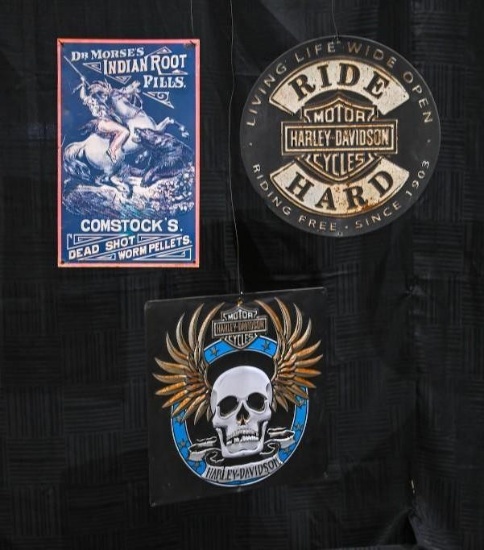 Lot of 3 Metal Advertising Signs - Dr. Morses Indian Root & Harley-Davidson Motorcycle Signs