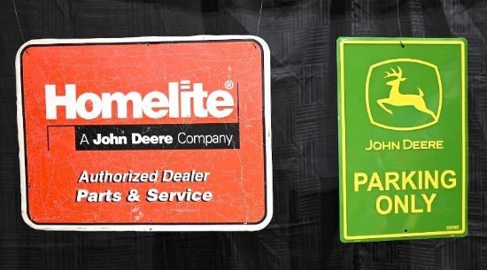 Lot of 2 John Deere Advertising Signs - Parking Only & Homelite / John Deere Co.