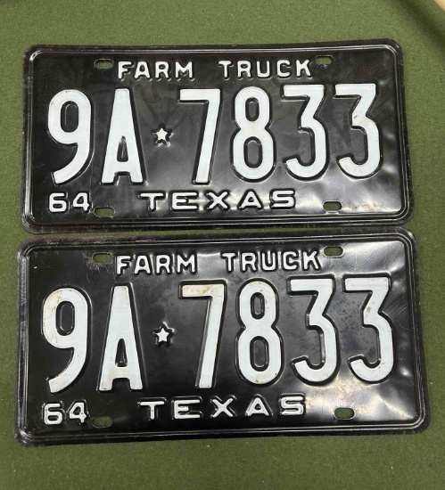 Set of 1964 Texas Farm Truck License Plates - Matching Pair