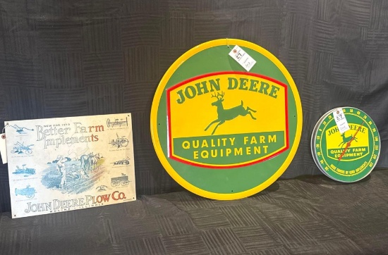 Lot of 3 Farm Advertising Signs - John Deere Quality Equipment Sign & John Deere Thermometer,
