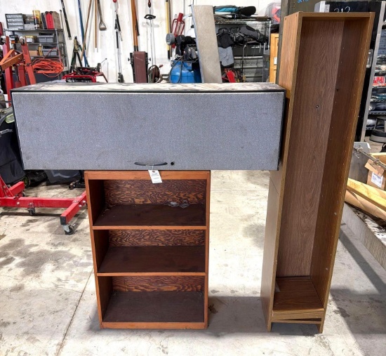 Lot of (2) Wooden Shelving Units & Covered Metal Shelf