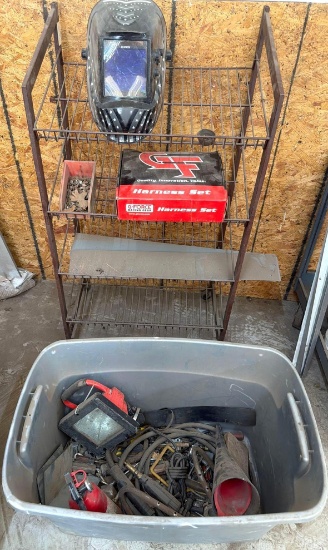 Lot of Welding Helmet, Racing Harness, Storage Shelf & Assorted Tools