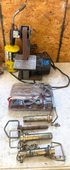 Lot of Belt Sander, Ratchet Straps, Hitch Pins & Cutting Torch