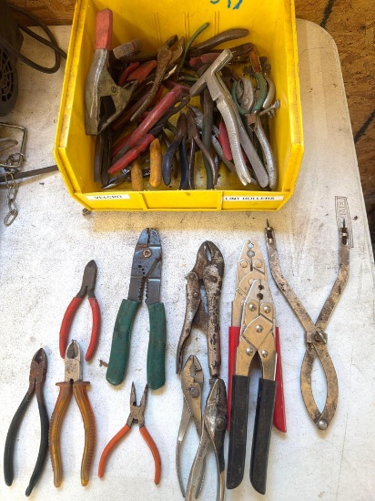 Large Bin of Pliers, Locking Pliers, Crimpers & Hand Tools