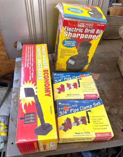 Lot of Carpet Knee Kicker, Drill Bit Sharpener & (2) 3/4 in. Pipe Clamp Sets