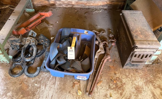 Lot of Tow Bar, Towing Hooks, Ratchet Straps, Chain Binders & Ammo Can