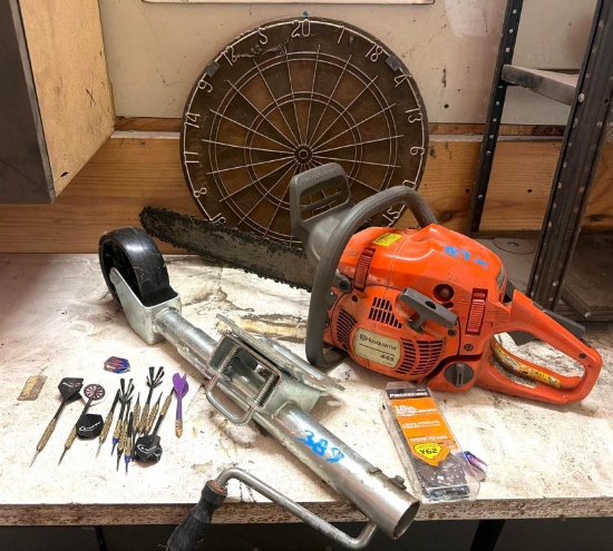 Lot of Husqvarna 445 Chainsaw, Dartboard, Trailer Jack & Shop Items