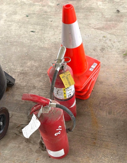 Lot of Fire Extinguishers & Safety Traffic Cones