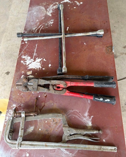 Lot of Bolt Cutters, 4-Way Lug Wrenches & Assorted Clamps