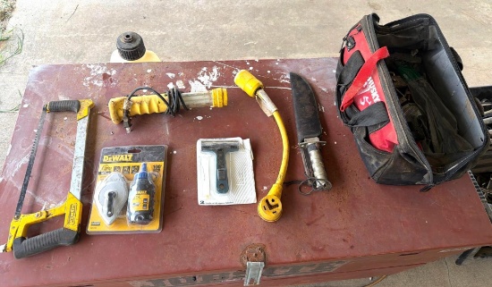 Lot of Assorted Hand Tools with Husky Tool Bag & Misc. Shop Supplies