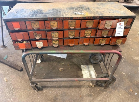 Large Lot of Brass Fittings in Multi-Drawer Parts Cabinet with Rolling Cart