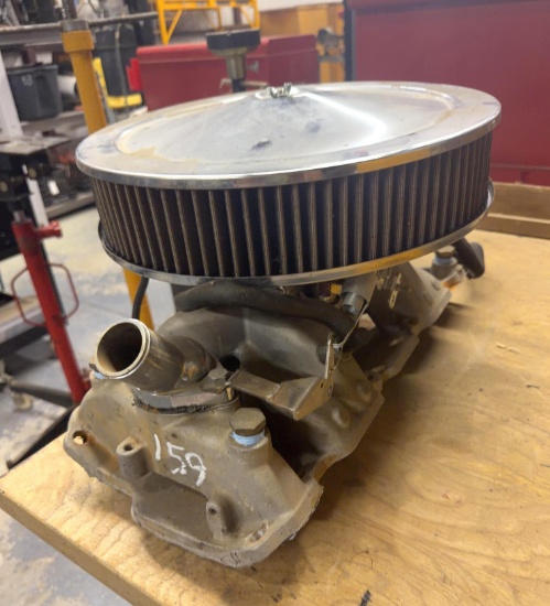 Small-Block Chevrolet Aluminum Intake Manifold with Carburetor and Air Cleaner