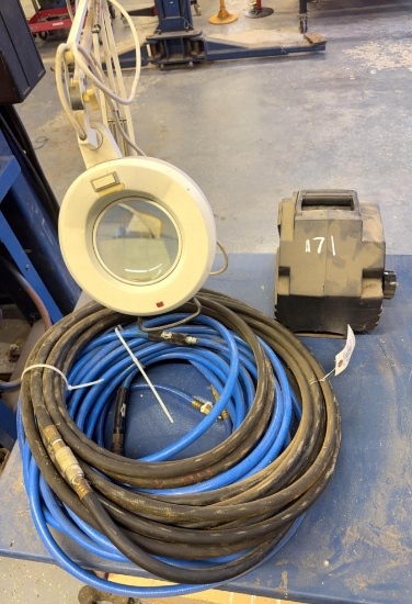Lot of (2) Air Hoses, Magnifying Bench Lamp and 12V Portable Winch
