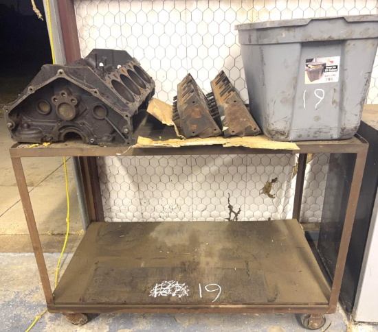 Disassembled Appears-to-Be Chevrolet Small-Block Engine with Rolling Cart - Condition Unknown