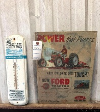 Novelty Ford Tractor Sign and Moose Lake Thermometer