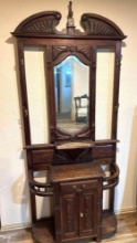 Ornate Victorian-Style Wooden Hall Tree - Carved Crown - Mirror - Coat Hooks & Storage Cabinet