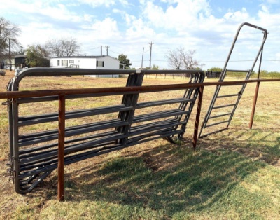 Five Used Gray 10 ft Panels with Walk-Through Gate - Background Fence Excluded
