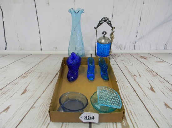 BLUE PICKLE JAR, GLASS SHOES, VASE AND MISC