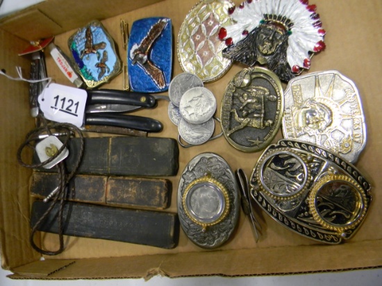 FLAT OF BELT BUCKLES AND STRAIGHT RAZORS