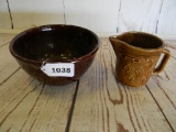 BROWN CROCK BOWL AND CREAM PITCHER