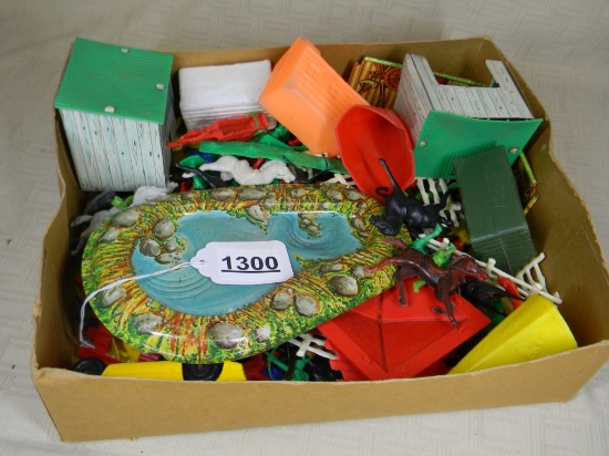 PLASTIC COWBOYS AND INDIANS SET W/ METAL BUILDINGS