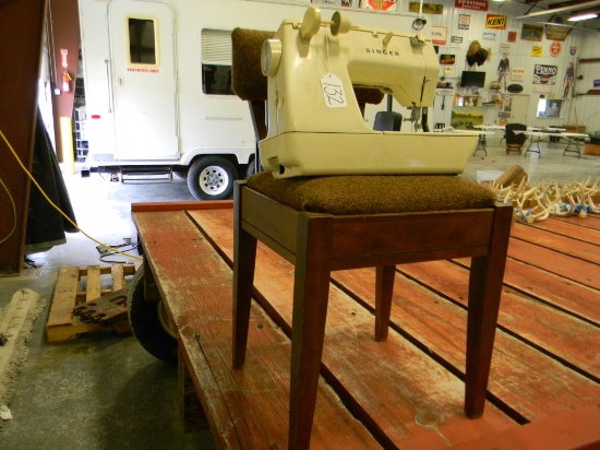 SINGER SEWING MACHINE W/CHAIR AND MISC