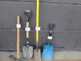 3x SHOVELS, PICK AXE