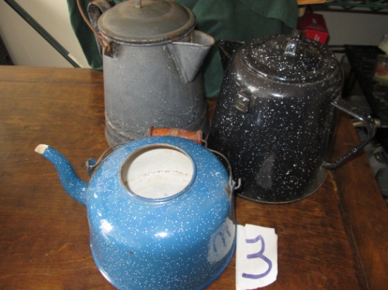 3 Vintage Enamelware Coffee Pots