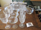 2 Glass Pitchers And Assorted Stemmed Glassware