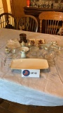 Misc glassware and metal hot dish holder